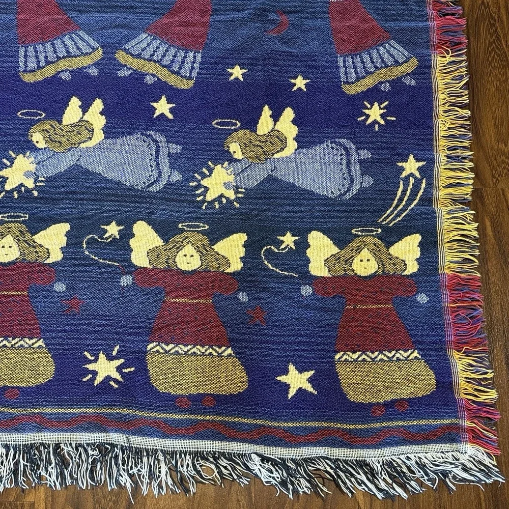 Vintage Angel Tapestry Throw Blanket Christmas Holiday Woven Fringe 47x57